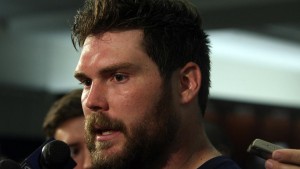 (Foxborough, MA, 09/10/14) Offensive lineman #63 Dan Connolly talks to reporters in the locker room after Patriots practice at Gillette. Wednesday, September 10, 2014. Staff photo by John Wilcox.